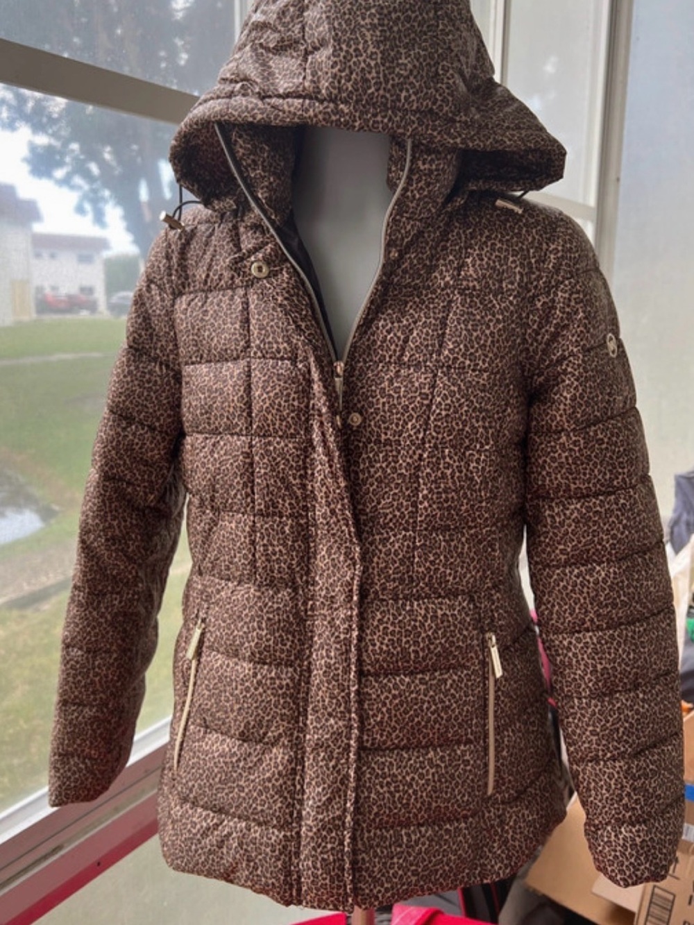 Michael Kors Leopard-Print Quilted Hooded Jacket NWT